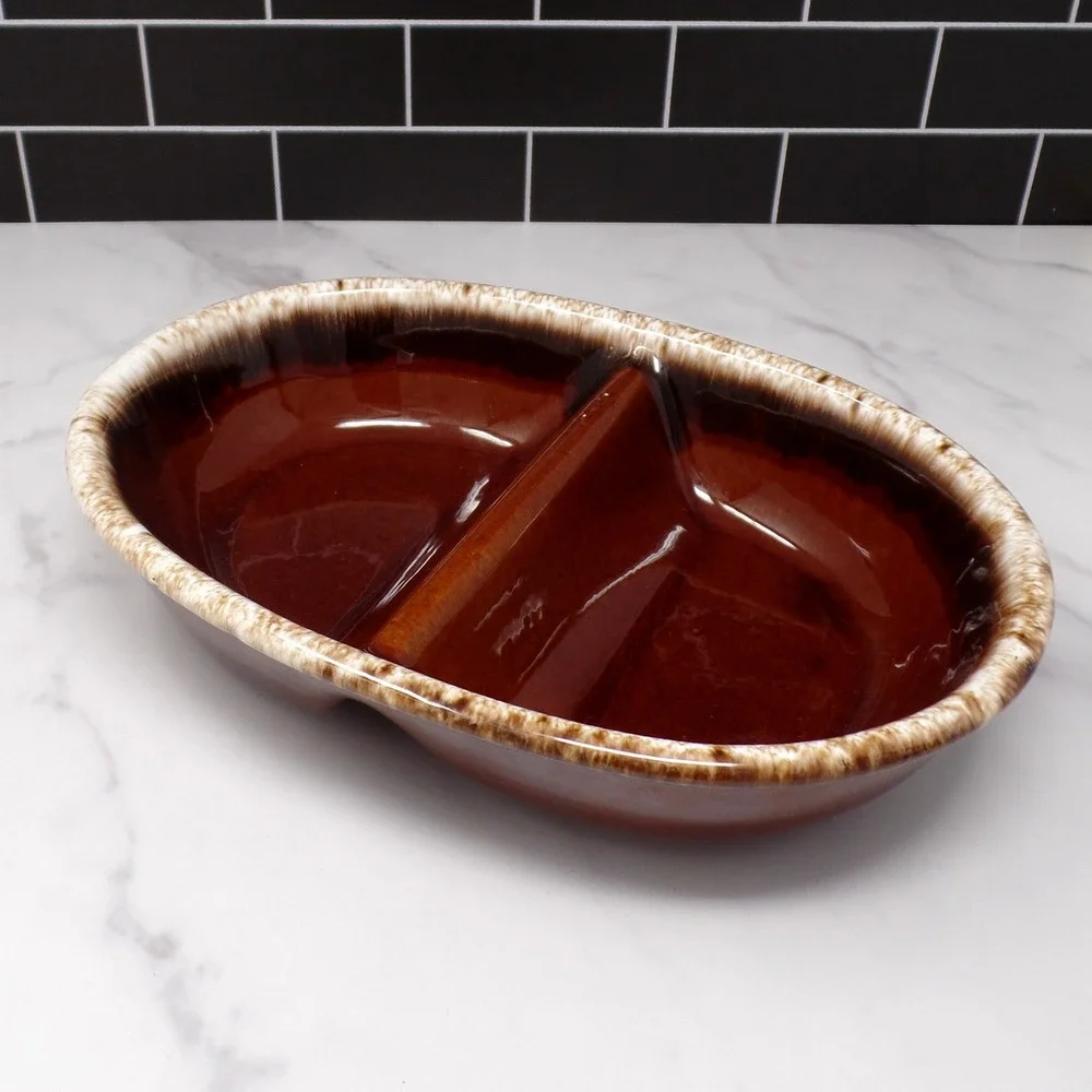 Vintage Hull Brown Drip Divided Platter or Serving Bowl, oven-safe, made in USA